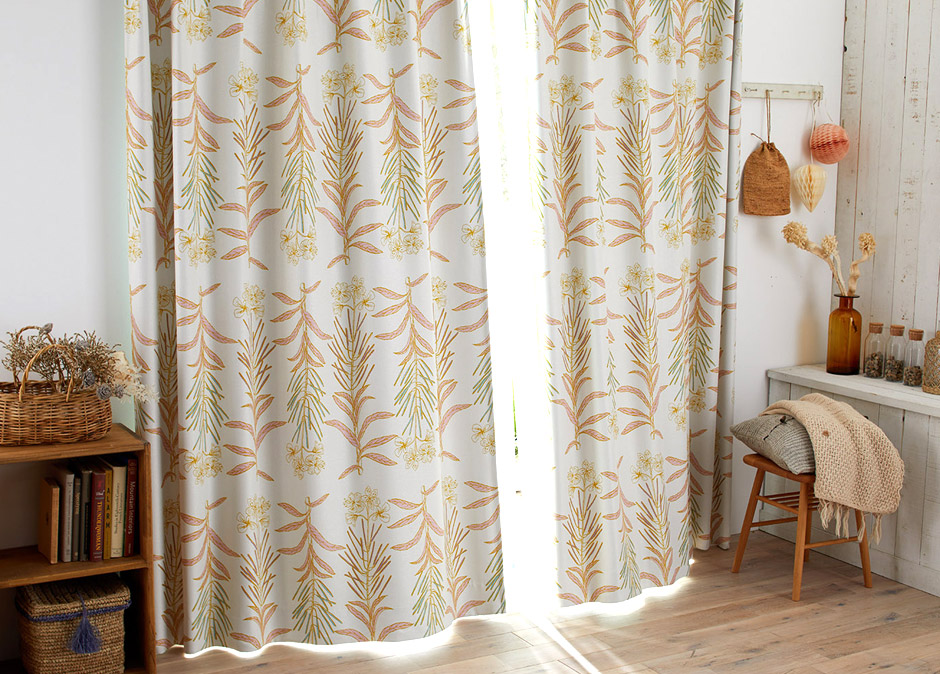 【2級遮光カーテン】縦に伸びるボタニカル柄が爽やかな北欧デザイン グラッセ