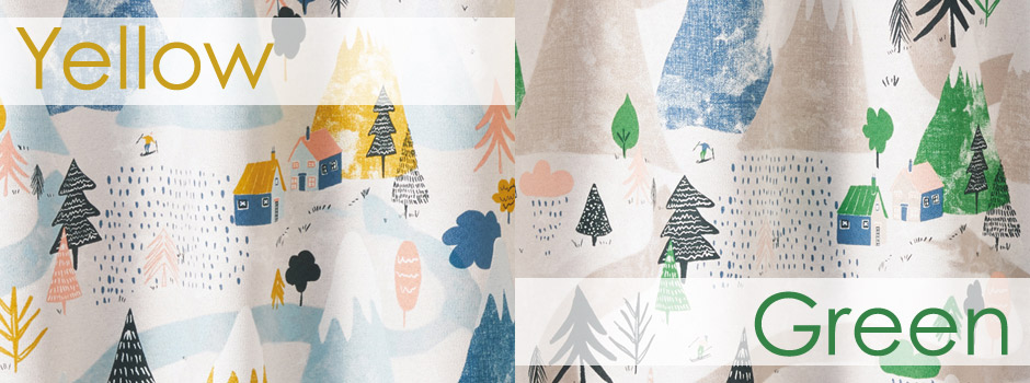 【3級遮光カーテン】雪山で暮らす人やイエティがかくれている楽しいデザイン ユキヤマ（D-1196)
